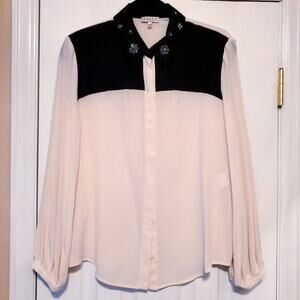 Sz 8 CLAUDIE PIEROT Black Cream Silk Embellished Collar Button Long-slv Blouse